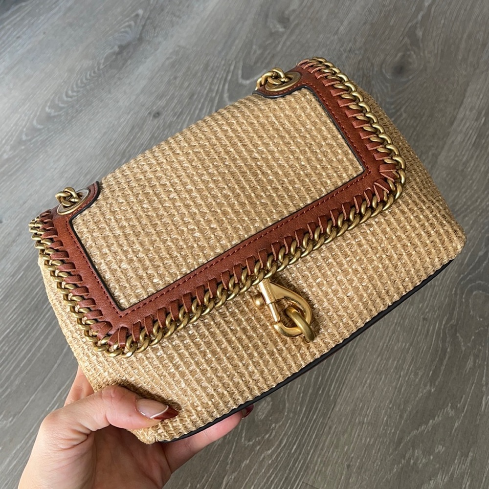 Rebecca Minkoff Beige Woven Straw Shoulder Bag with Brown Trim and Gold Hardware